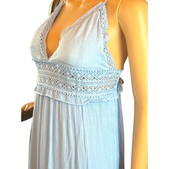 Womens Plunge Gauzy Maxi Dress Medium Baby Blue Crochet Lagenlook Boho - Picture 6 of 8